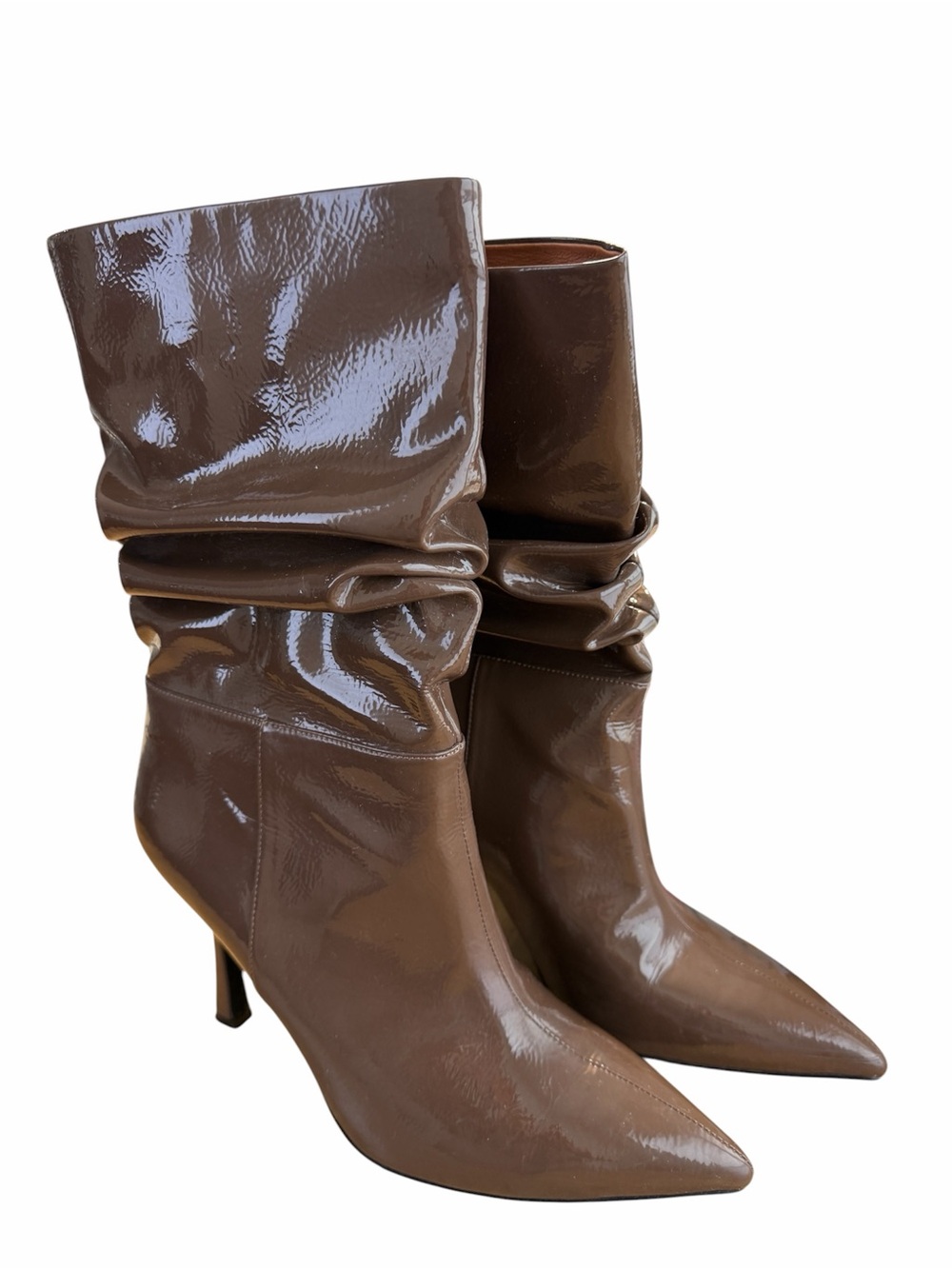 Jeffrey Campbell Brown Patent Slouch Pointed-Toe Mid-Heel Boots Size 8.5
